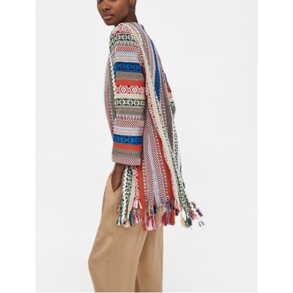 Zara Women Striped Embroidered Ribbon Braided Fringe Tapestry Jacket Sz L - Picture 5 of 9